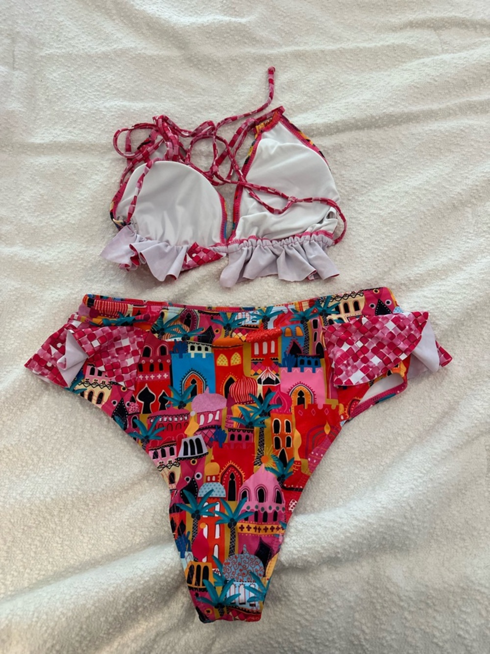 Bright Pink Patterned Ruffle Two-Piece Bikini - Picture 2 of 4